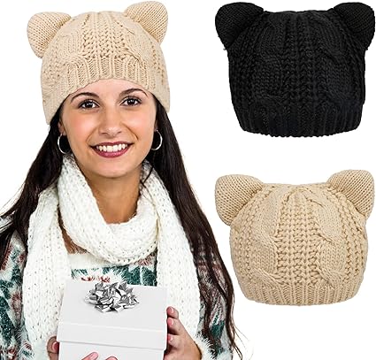 PHOGARY Cat Ear Beanie Hats, Cute Cat Knitted Hat Winter Knit Cable Caps Headgear Crochet Hats for Women Girls