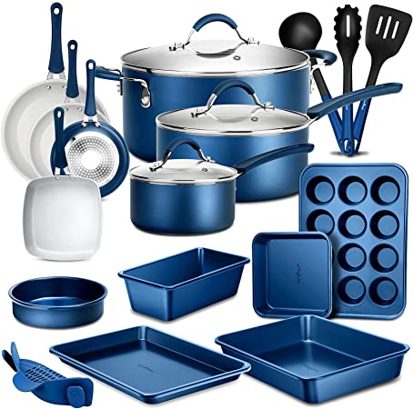 NutriChef 20-Piece Nonstick Kitchen PTFE/PFOA/PFOS-Free Heat Resistant Silicone Handles Cookware Bakeware Set w/Saucepan, Frying Pans, Cooking, Oven Pot, Lids, Utensil, Blue-NCCW20SBLU, One Size, Navy