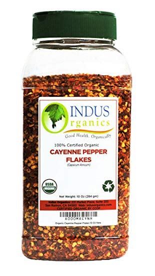 Indus Organics Cayenne Pepper Flakes (40,000 SHU), 10 Oz Jar, Premium Grade, High Purity, Freshly Packed
