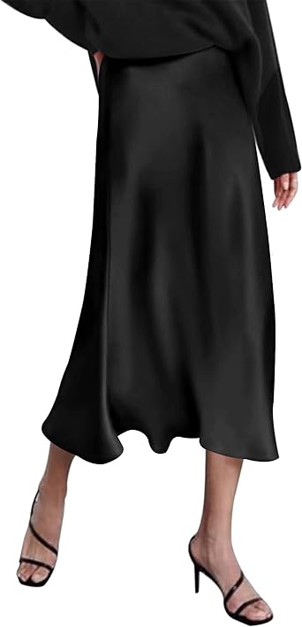 Zeagoo Womens Satin Skirts Casual Silk Midi Skirt High Waisted Long Skirts Zipper Elegant Work Skirts