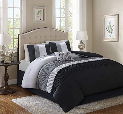 Comfort Spaces – Windsor Comforter Set- 5 Piece – Black, Grey, Light Grey – Pintuck Pattern – Full/Queen Size, Includes 1 Comforter, 2 Shams, 1 Decorative Pillow, 1 Bed Skirt