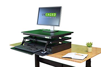 Electric CHANGEdesk Tall Standing Desk Converter   Ergonomic Keyboard Tray. Motorized adjustable height sit to stand up desktop computer riser for heavy monitors powered lift black