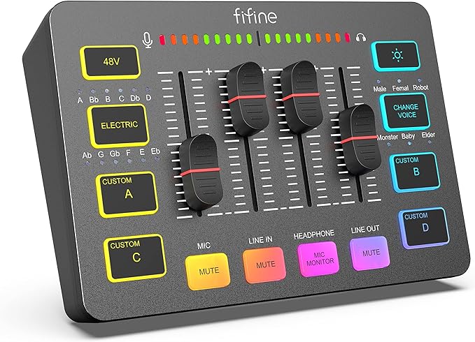 FIFINE Gaming Audio Mixer for Streaming, RGB PC Audio Interface, DJ Mixer with XLR Microphone Interface, Volume Fader, Individual Channel Design, Customized Sound for Podcast, Recording, Vocal-SC3