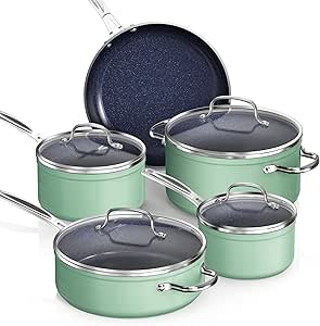 Nuwave Healthy Duralon Blue Ceramic Nonstick Coated 9pc Cookware Set, Scratch-Resistant Diamond Infused, PFAS Free, Induction Ready & Evenly Heats, Oven Safe, Tempered Glass Lids