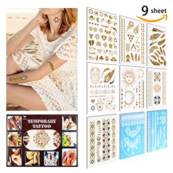 Temporary Tattoo ( 9 SHEET) 2 Change the Color in The Sun 5 Sheet Metallic Gold  2 Sheet Elegant Series White Lace, Non-Toxic, Eco-Friendly, Easy To Apply and Long Lasting