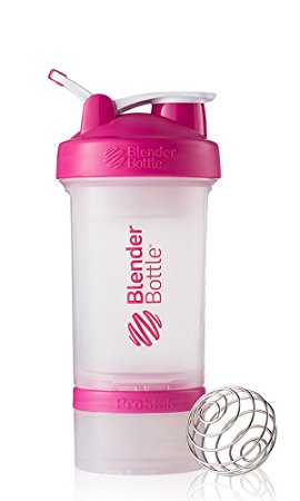 BlenderBottle ProStak System with 22-Ounce Bottle and Twist n' Lock Storage, Clear/Pink