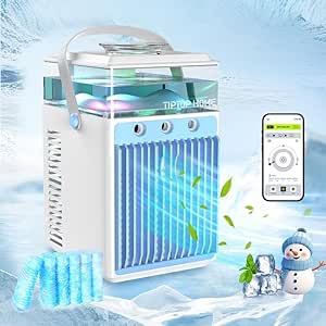 Portable Air Conditioner Fan, Rechargeable 4-IN-1 Personal Mini Cooler Humidifier, 3-Speed Evaporative Air Cooler with 7 Color Lights, Cordless AC Desktop Spray Fan, Quiet Desktop Cooling Fan