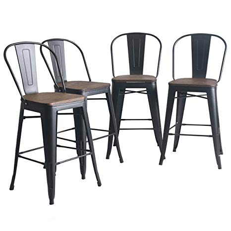 YongQiang Metal Barstools Set of 4 Indoor Outdoor 24 inch Bar Stools High Back Dining Chair Counter Stool Cafe Side Chairs with Wooden Seat Matte Black