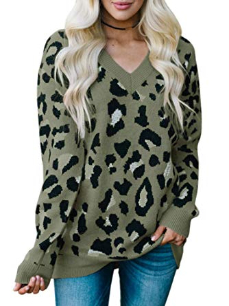 Karlywindow Womens Leopard Print Sweaters Long Sleeve V Neck Knitted Stylish Pullover