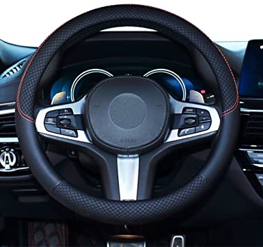 SHIAWASENA Car Steering Wheel Cover, Leather, Universal 15 Inch Fit, Anti-Slip & Odor-Free (Black)