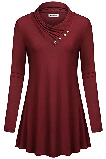 Nandashe Women Long Sleeve Cowl Neck Button Decorate Casual Tunic Tops Blouse