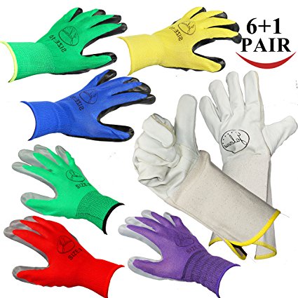 Jalousie 7 Pairs Garden Gloves Including 3 Pairs Women's Garden Gloves (Medium Size), 3 Pairs Men's Garden Gloves (Large Size) and 1 Pair Rose Pruning Gloves with Long Gauntlet (7 Pair Pack)