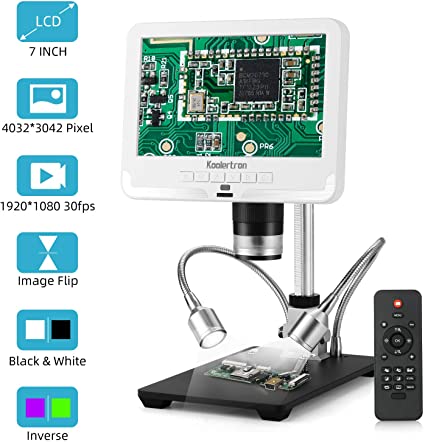 7 inch LCD Digital USB Microscope Angle Adjustable with Remote Control,Koolertron 12MP 1920x1080 30fps Video Recorder Image Flip/Reverse Color/Black & White for Circuit Board Repair Soldering PCB Coin