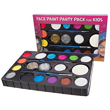 Face Paint Kit for Kids 14 Colors Ultimate Value Party Pack. 4 Professional Sponges, 2 Glitter Gels, 2 Brushes, Stencils  BONUS Online Tutorial. Safe Non-Toxic Water Based Body Painting Set
