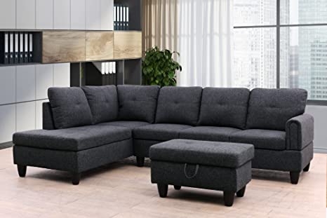 Star Home Living Maryland L-Shape Left Facing Sectional Sofa, Black Grey
