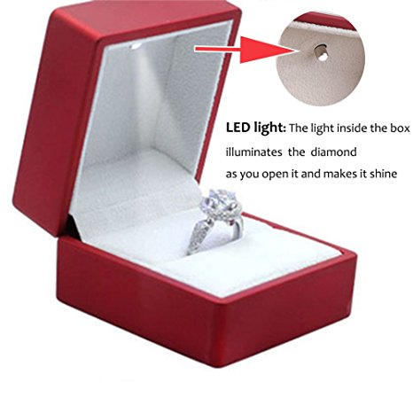 Feiuruhf Luxury Solid Cherry Polish with LED Light Single Engagement Jewelry Ring Box NEW