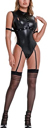 Women's Sexy Bodysuit Dress Latex Zipper Shiny Catsuit
