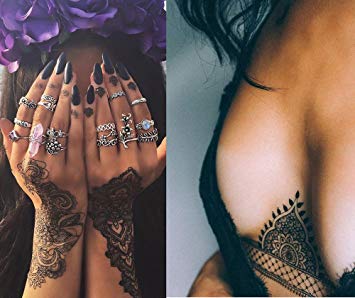 10 Sheets Black Lace Tattoos Temporary Paper Sexy Body Tattoo Sticker Water Transfer Tattoo for Professional Make Up Dancer Costume Parties, Shows (TJ-B02)