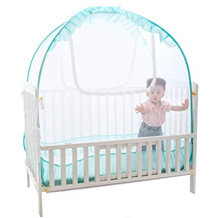 Baby Crib Pop up Tent, V-Fyee Baby Bed Mosquito Net Safety Tent Canopy Cover to Keep Toddler from Climbing Out and Keep Insects Out (Cyan, 56”L x 26”W x 48”H)