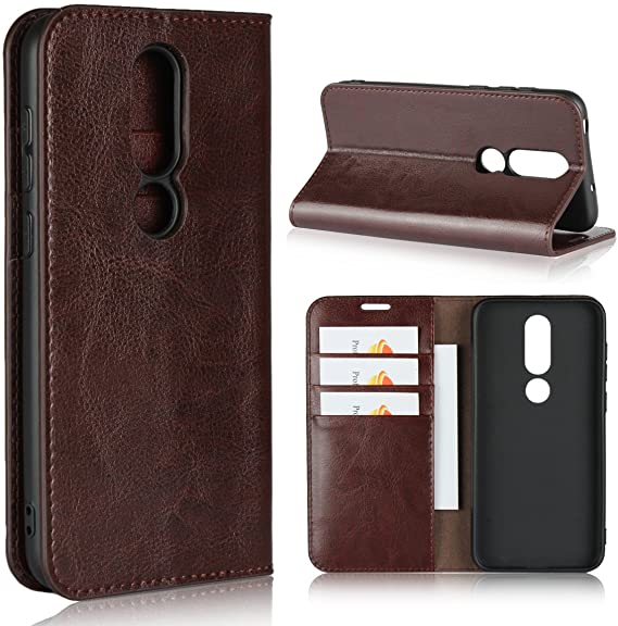 iCoverCase Compatible with Nokia 6.1 Plus (Nokia X6) Case, Genuine Leather Case,Shockproof Heavy Duty Protective with Folio Flip Wallet Leather Case (Brown)