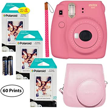 Fujifilm Instax Mini 9 Instant Camera (Flamingo Pink), 6 Single Pack Instant Film (60 Sheets), and Instax Groovy Case Bundle