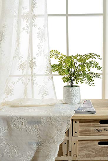 AliFish 1 Panel Embroidered Floral Pattern Window Treatment Decorative Sheer Curtains Rod Pocket Tulle Curtains Beautiful Rose Voile Curtains for Living Room W39 x L84 inch