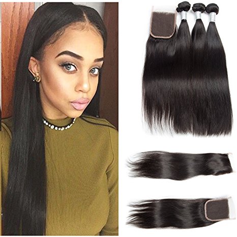 VIPbeauty Brazilian Virgin Straight Hair Bundle Deals With Free Part Closure Natural Black 100% Unprocessed Human Hair 95-100g/pc(16 18 20 with 14)