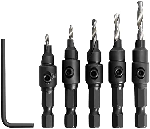 QWORK 5Pcs Wood Hole Drill Bit, Quick Countersink Drill Bit Set, 1/4 hexagon shank taper hole drill, Including One Hex Wrench