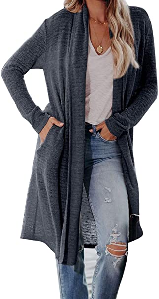 Dokotoo Womens Solid Casual Cozy Knit Open Front Long Cardigan Sweater