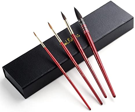 Paul Rubens Watercolor Paint Brushes Set, Professional Round Squirrel and Weasel Hair Brushes for Watercolor, Gouache, Wash/Mop & More - 4 Pieces
