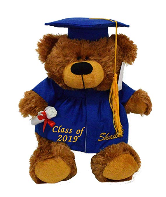 Tri Color Graduation Bear 12", Customizable Class of 2019, Graduation Gift Blue Gown Blue Hat Graduation Bear