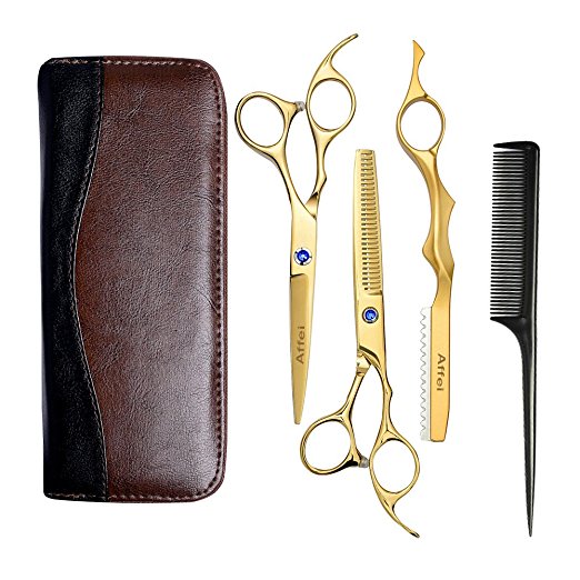 Affei Hair Scissors Professional Hairdressing Barber Cutting and Thinning/Texturising Scissors/Tonsure Shears Set 3 in1 With Leather Case(Gold)