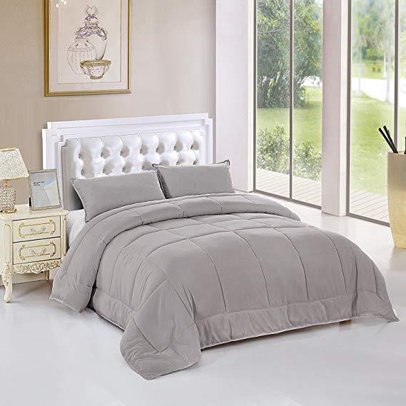 Unique Home All Season Goose Down Alternative Quilted Comforter Sets-Hypoallergenic-Plush Fiberfill Duvet Insert (Grey, Queen)