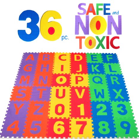 NON-TOXIC 36 Piece ABC Foam Mat - Alphabet and Number Puzzle Play and Flooring Mat for Children Toddlers or Baby