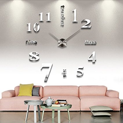 Chinatera Modern Mute DIY Large Wall Clock 3D Sticker Home Office Decor Gift (silver)