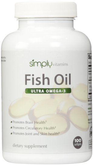 Simply Vitamins Fish Oil Ultra Omega-3 1000mg 100 Softgels - 180mg DHA & 120mg EPA. Promotes Heart Health and Mood Support. Natural Anti-Inflammatory to promote Joint Health and Muscle Recovery.