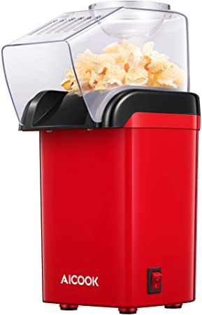 AICOOK Hot Air Popcorn Maker, AICOOK 1200W Fast Home Popcorn Popper with Measuring Cup and Removable Top Cover, Easy To Clean & Healthy Oil-Free, Perfect for Movie nights, BPA-Free&ETL Certified (RED)