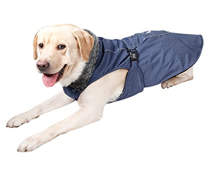 Waterproof Winter Coat Fleece Lined Warm Dog Sports Jacket with Harness Hole & Reflective Strips by DELIFUR