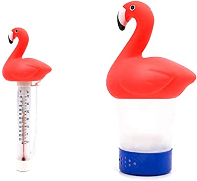 Chlorine Floater , Flamingo Collapsible Floating Pool Dispenser & Flamingo Pool Thermometer，Fits 3" Chlorine Tablets，Release Adjustable for Indoor & Outdoor Swimming Pool Hot Tub SPA（2pack）