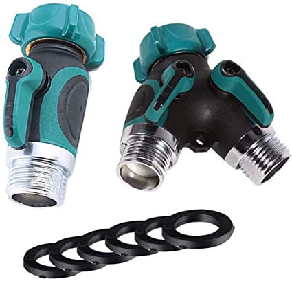 VASLON Garden Pipe Hose Splitter,Outdoor Hose Connector - Heavy Duty 2 Ways Metal Garden Water Hose Y Adapter Connector, Ball Valve Hose Connector with 6 Free Washers Set of 2 (1 Way Y Hose Splitter)