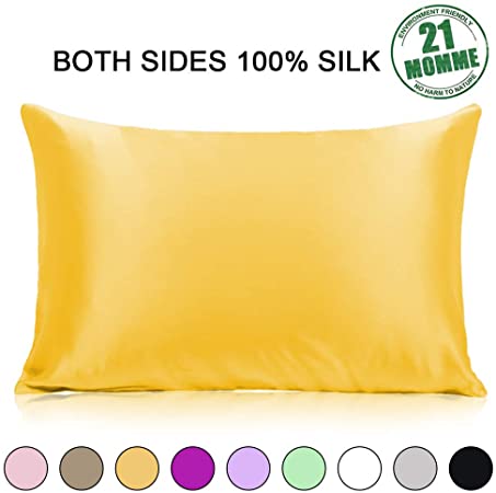 Ravmix Silk Pillowcase for Hair and Skin with Hidden Zipper, 21 Momme 600TC Hypoallergenic Both Sides 100% Mulberry Silk Pillow Case, Queen Size 20×30inches, 1PCS, Yellow