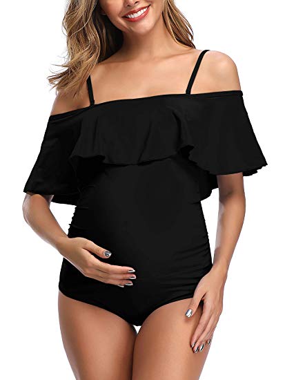 Women Off-Shoulder Maternity Swimsuits Flounce Floral One Piece Bathing Suits
