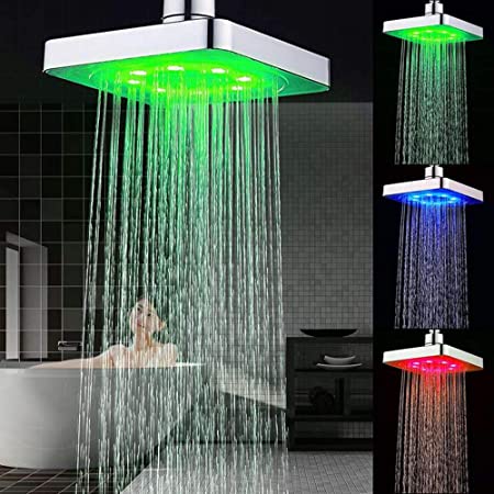DELIPOP Shower Head 3 Colors Changing LED Showerhead Bathroom Rainfall Shower 6 Inch Square Temperature Control