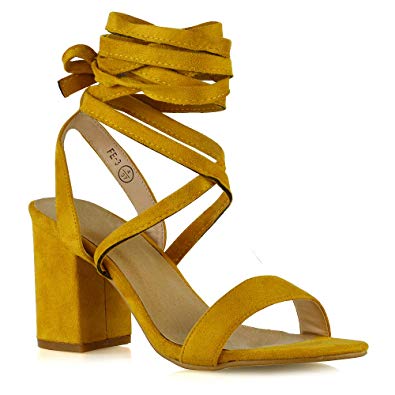 ESSEX GLAM Womens Chunky Block Low Mid Heel Lace Up Strappy Sandal Faux Suede Shoes