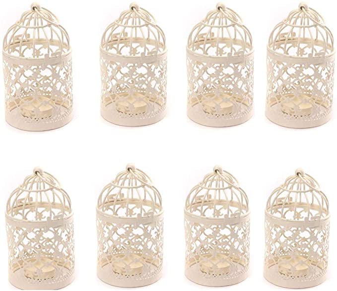 Yonger Metal Tealight Hollow Candle Holder Hanging Lanterns Creative Home Centerpiece Bridal Wedding Xmas Party Decor Birdcage White(3.1x 5.6Inch),8pcs