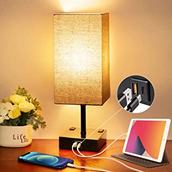 Touch Control Beside Table Lamp with QC 3.0 USB & PD 3.0 Type-C Charging Port & 2 Power Outlets(Modern-Square)