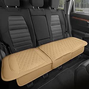 Motor Trend Rear Seat Cushion - Beige Diamond Stitched Faux Leather Rear Seat Cover for Cars, Trucks, SUVs - Padded, Waterproof, Non-Slip Back Seat Cover with Storage Pockets