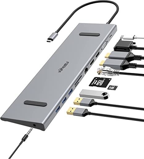 USB C Docking Station Dual Monitor, 11 in 1 Laptop Docking Station, USB C Hub Dual HDMI Multiport Adapter with Gigabit Ethernet 2 HDMI, 100W PD, VAG, 3.0 USB,SD/FT, Audio for Dell Laptap/HP/Lenovo,etc