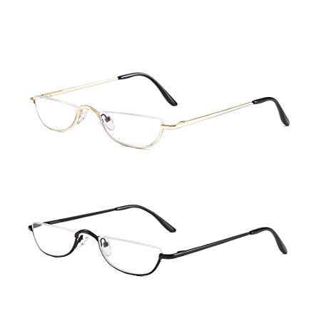 KoKoBin Half Reading Glasses - 2 Pairs Half Rim Metal Frame Glasses Spring Hinge Readers for Men and Women, Black Gold 2.00