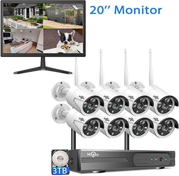 Hiseeu 8 Cameras CCTV System and CCTV Monitor,2K Resolution System and Screen 3TB Hard Drive with One-Way Audio